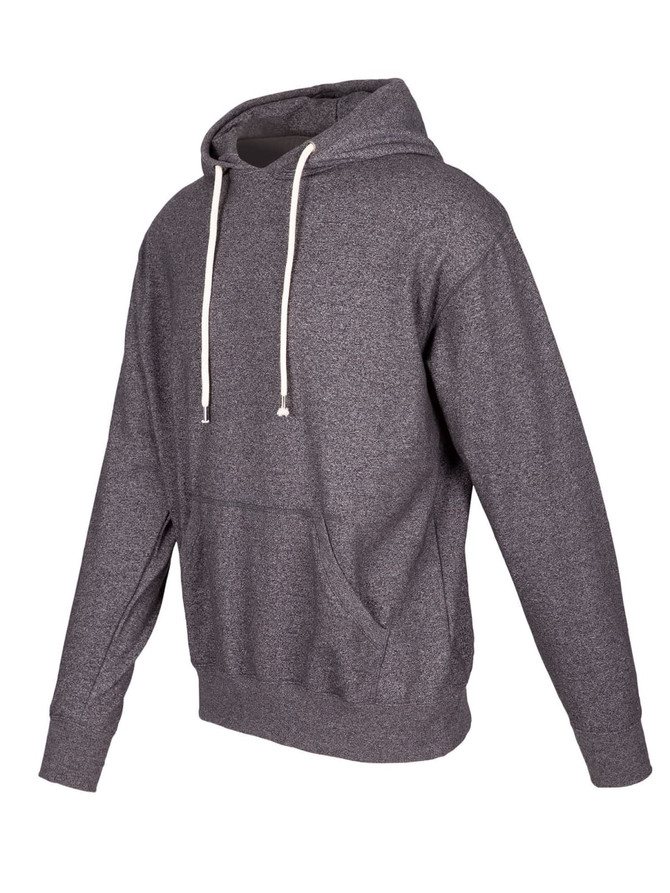 A heather grey hoodie featuring a spacious front pocket and drawstring hood, with a logo on the front.