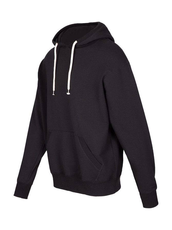 A black hoodie with a front pouch pocket and drawstrings, featuring a logo.