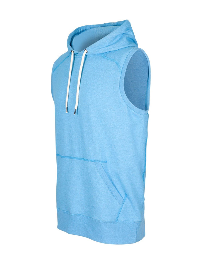 A light blue sleeveless hoodie with a front pocket and a hood, featuring a logo on the front.