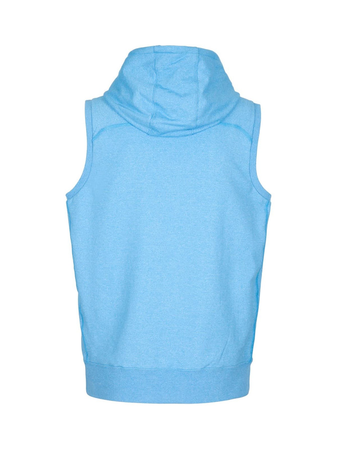 A light blue sleeveless hoodie with a hood and a waistband, featuring a logo on the back.