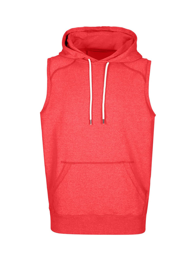 A sleeveless hoodie in a vibrant red colour with a front pocket and a hood. It features a logo on the front.