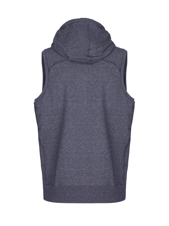 A navy heather sleeveless hoodie with a hood, featuring a branded logo.