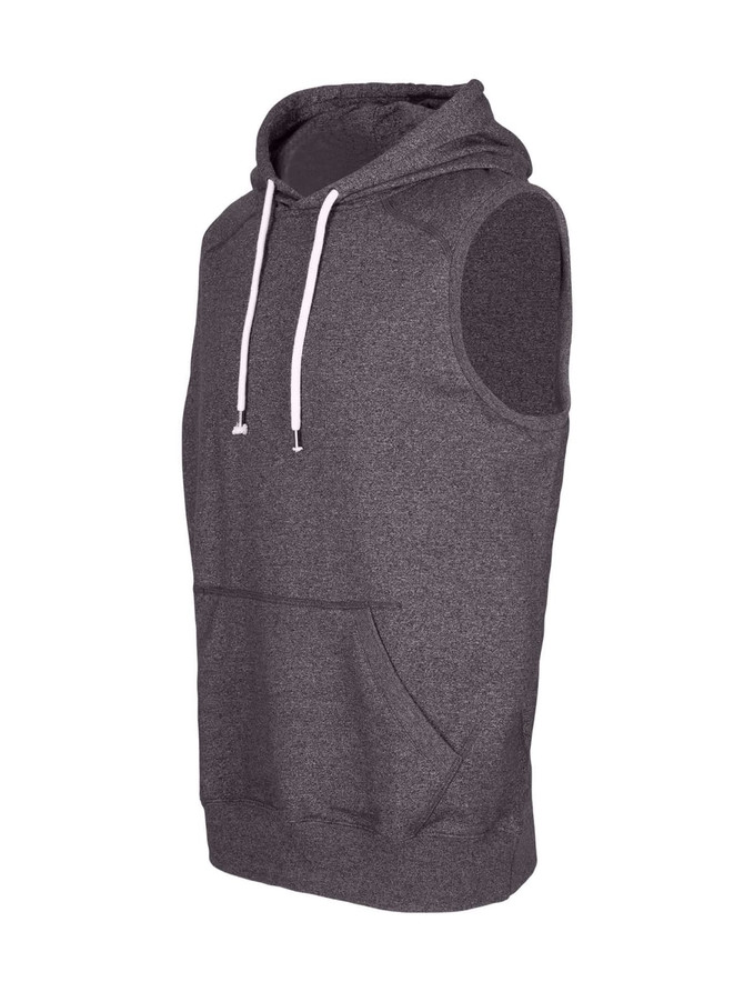 A grey sleeveless hoodie with a front pocket and a hood, featuring a white drawstring and a logo.