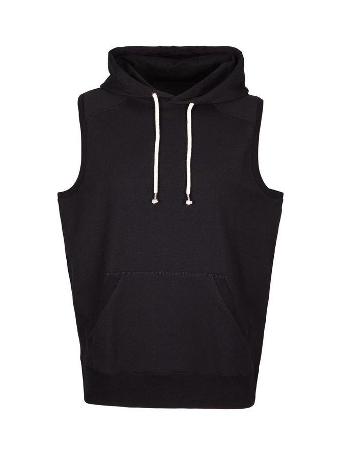 A black sleeveless hoodie with a kangaroo pocket and drawstring hood, featuring a logo on the front.