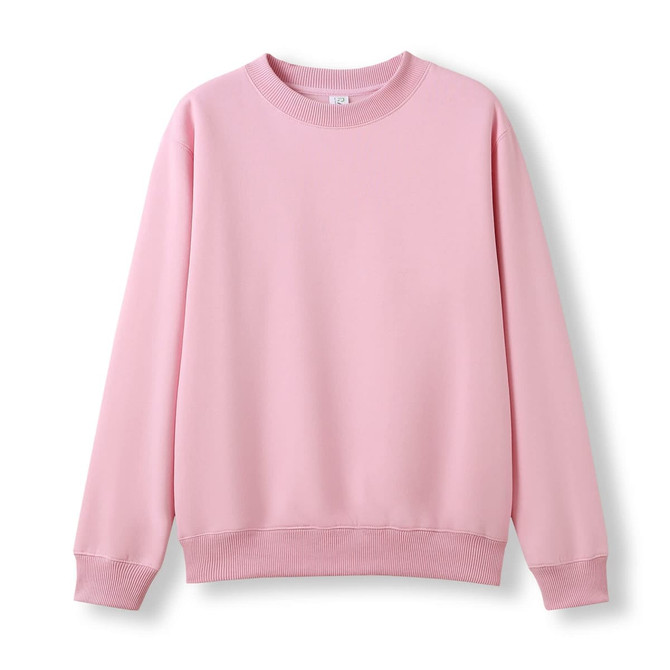 A pink crew neck jumper with ribbed cuffs and hem, featuring a simple design and a branding logo.