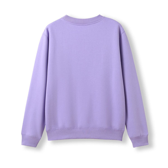 A lavender kids' crew neck sweater with long sleeves and a ribbed neckline. The back view displays a plain design.