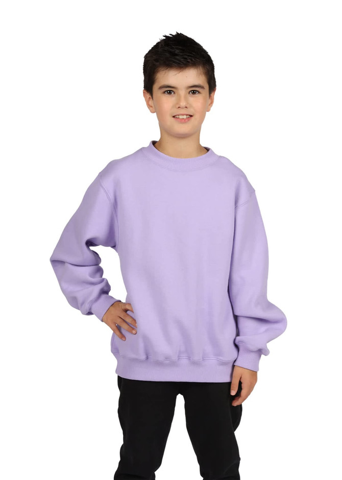 A boy wearing a lilac crew neck jumper, posing with one hand on his hip against a white background.