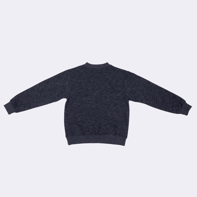 A dark grey kids' crew neck jumper featuring long sleeves and a simple design. It has a logo on the garment.