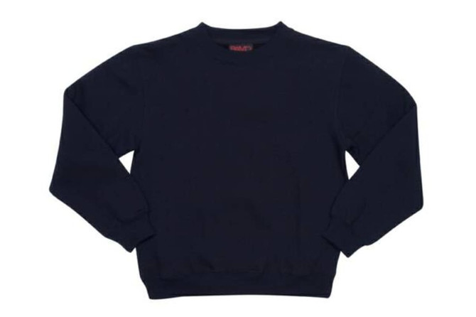 A navy blue crew neck jumper with long sleeves and ribbed cuffs. It has a logo on the inside label.