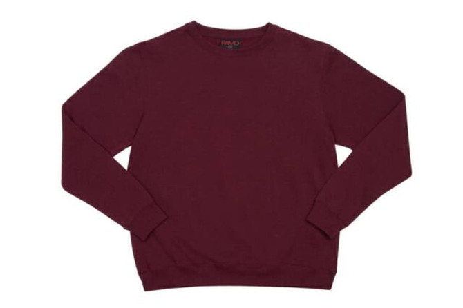 A maroon kids' crew neck jumper with long sleeves and a smooth finish. It features a branded label inside the neck.