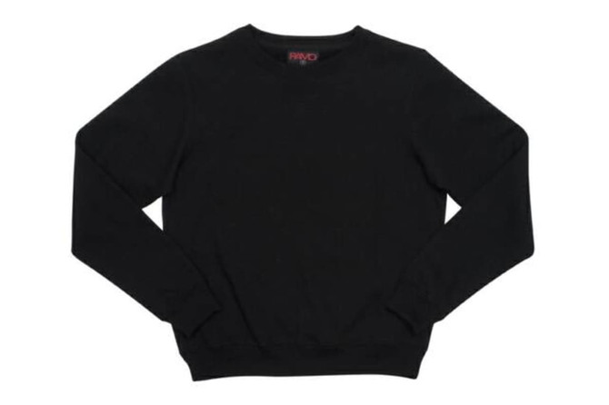 A black crew neck jumper featuring long sleeves and a ribbed hem. It has a logo on the inside.