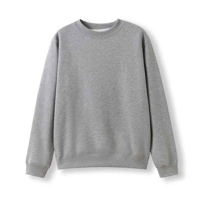 A grey crew neck jumper with long sleeves. It features a simple design and has a logo on it.
