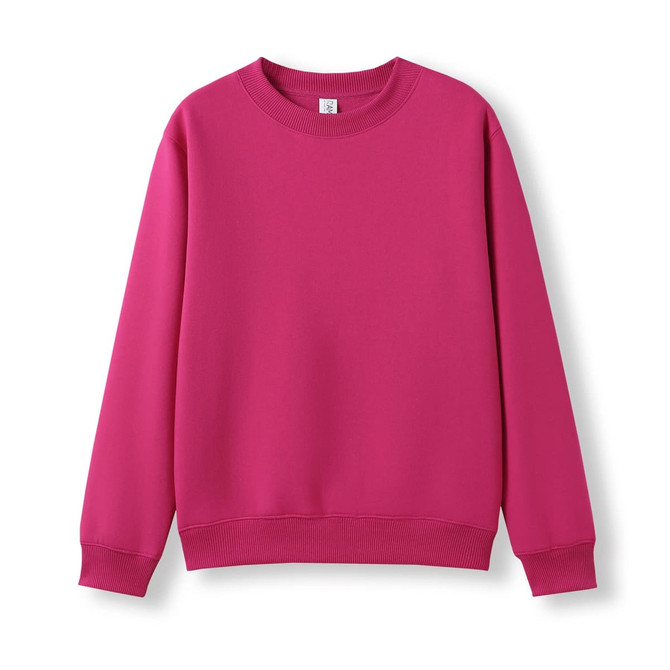 A bright pink crew neck jumper with long sleeves and ribbed cuffs and hem, featuring a logo.