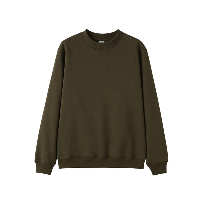 A green crew neck jumper in a relaxed style, featuring long sleeves and ribbed cuffs. The garment has a small logo.