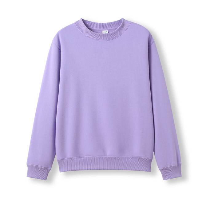 A lilac crew neck jumper with long sleeves and ribbed detailing at the cuffs and hem. Features a logo.