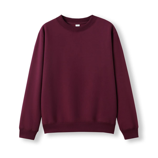 A maroon kids' crew neck jumper with long sleeves and a fitted hem. It features a logo on the front.