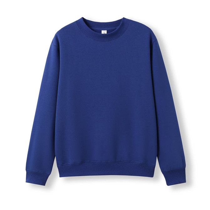 A blue crew neck jumper with long sleeves and ribbed cuffs. It features a simple design and has a branding logo.