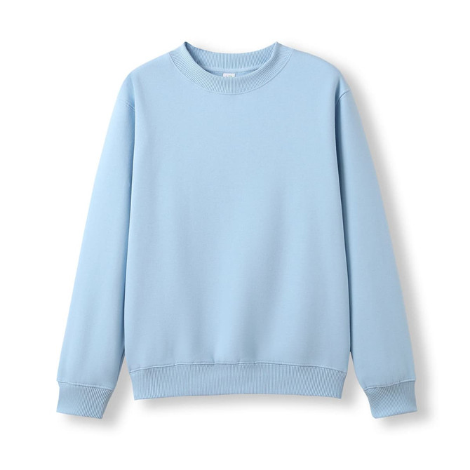 A light blue crew neck jumper with ribbed cuffs and hem, featuring a plain design and a branding logo.