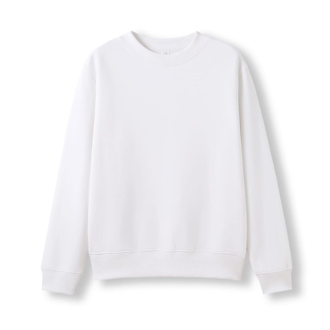A white crew neck jumper with long sleeves and ribbed cuffs, featuring a simple design and a logo.