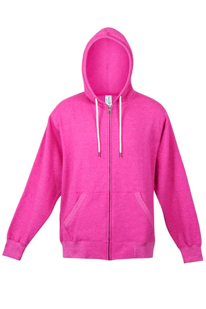 A pink heather zip hoodie featuring a hood and a front zipper, with long sleeves and a logo.