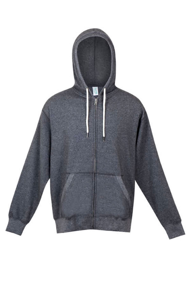 A grey zip-up hoodie featuring a front pocket and drawstring hood, with a brand logo present.