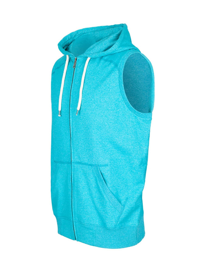 A sleeveless zip hoodie in bright turquoise with a front pocket and a hood, featuring a logo.