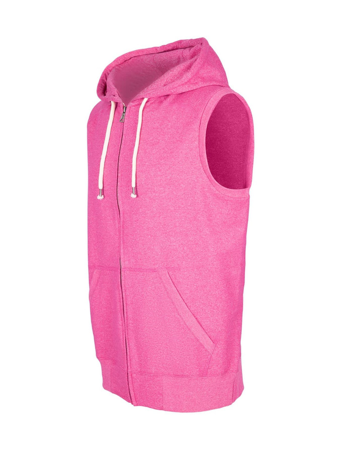 A pink sleeveless zip hoodie with a hood and front pockets, featuring a logo.
