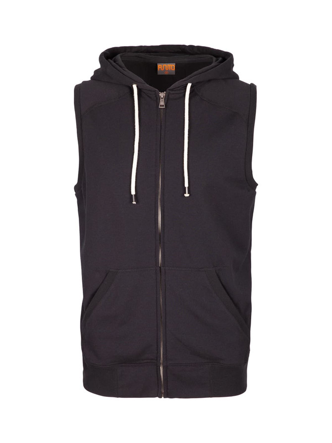 A sleeveless black zip hoodie with a hood and front pockets, featuring a logo.