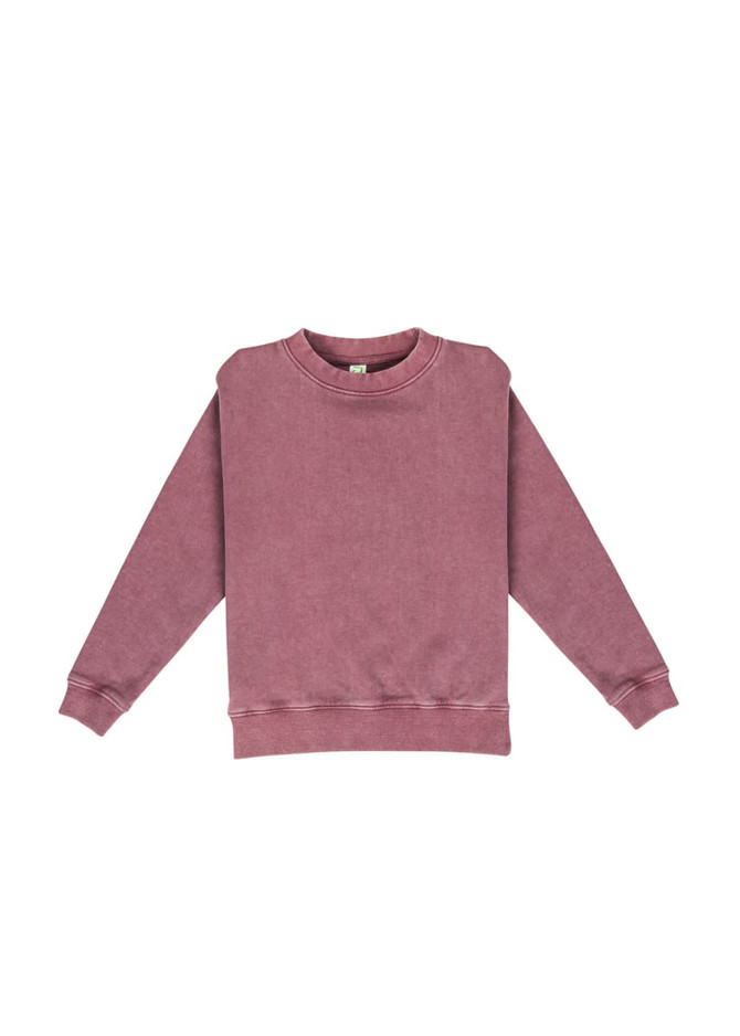 A stone wash sweatshirt in a soft mauve colour, featuring long sleeves and a crew neckline. It has a logo.