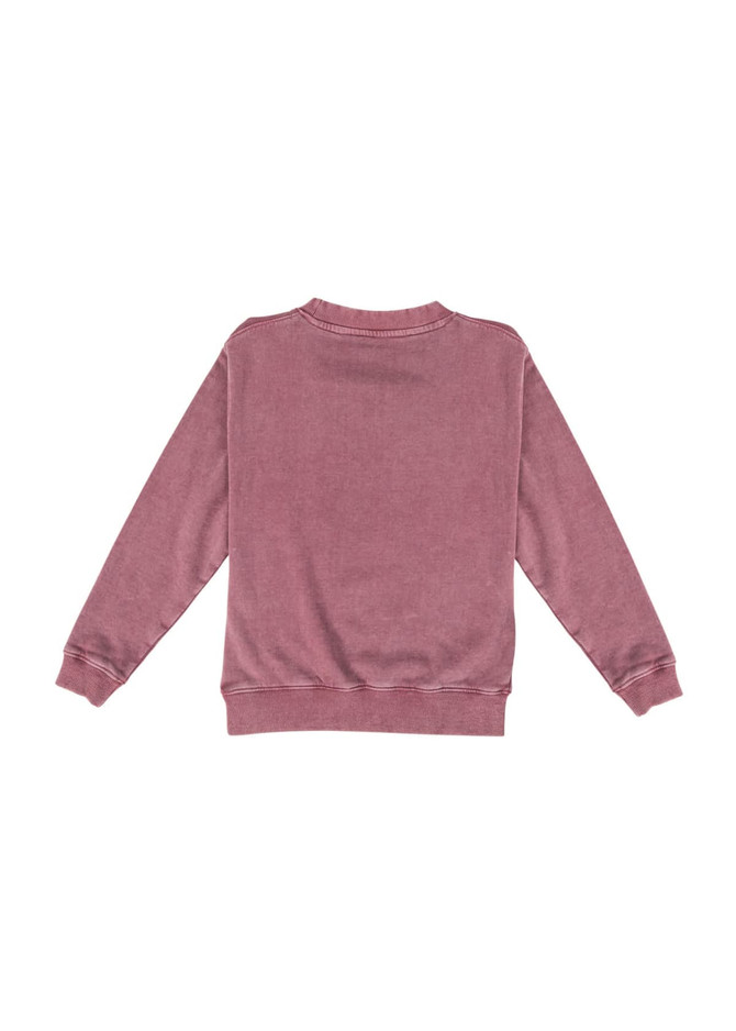 A dusty rose Kids' Stone Wash Sweatshirt with a standard crew neck and long sleeves, featuring a logo on the back.