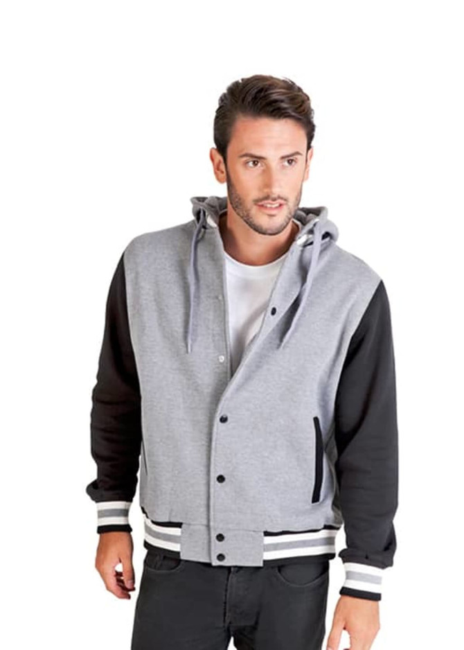 A men's varsity jacket and hood in grey and black, featuring a logo and front pockets. 