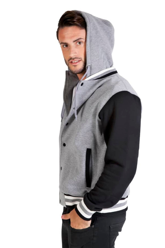 A grey and black men's varsity jacket with a hood, featuring a logo and striped cuffs.