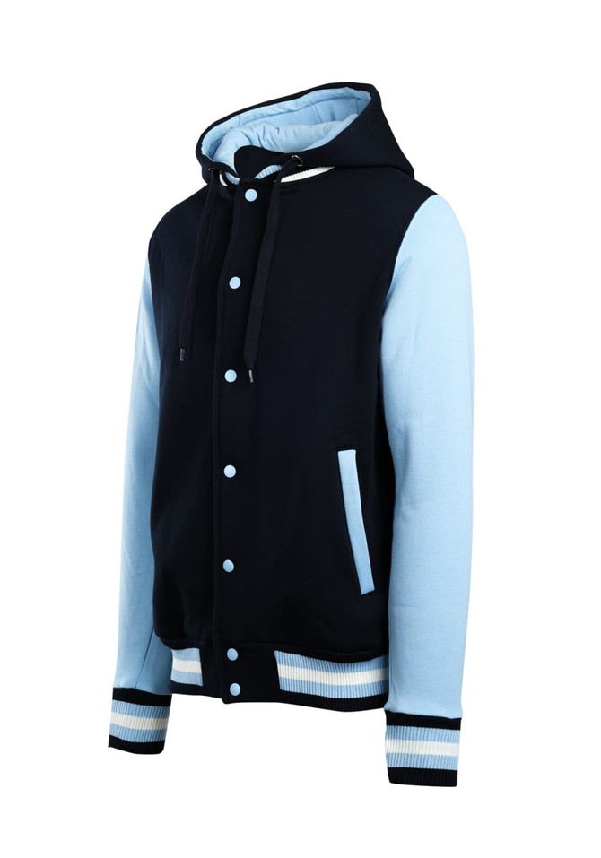 Men's varsity jacket in black and light blue, featuring a hood, buttons, and a logo.