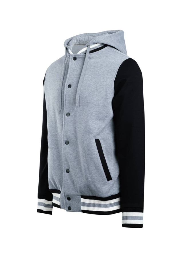 A grey and black men's varsity jacket with a hood, featuring a front button closure and striped cuffs.