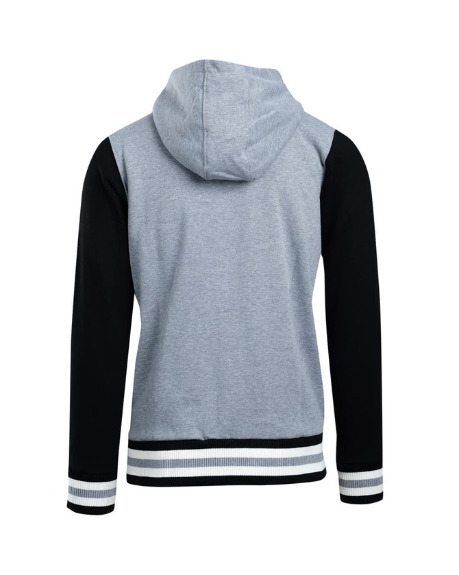 A grey and black men's varsity jacket with a hood, featuring striped cuffs and a logo.
