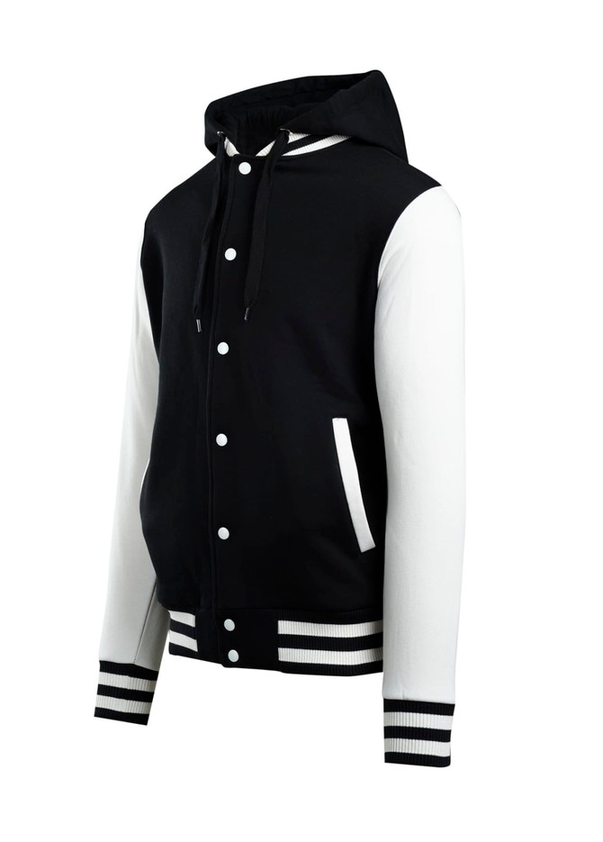 Men's varsity jacket and hood in black with white sleeves and striped cuffs. Features a hood and buttons.