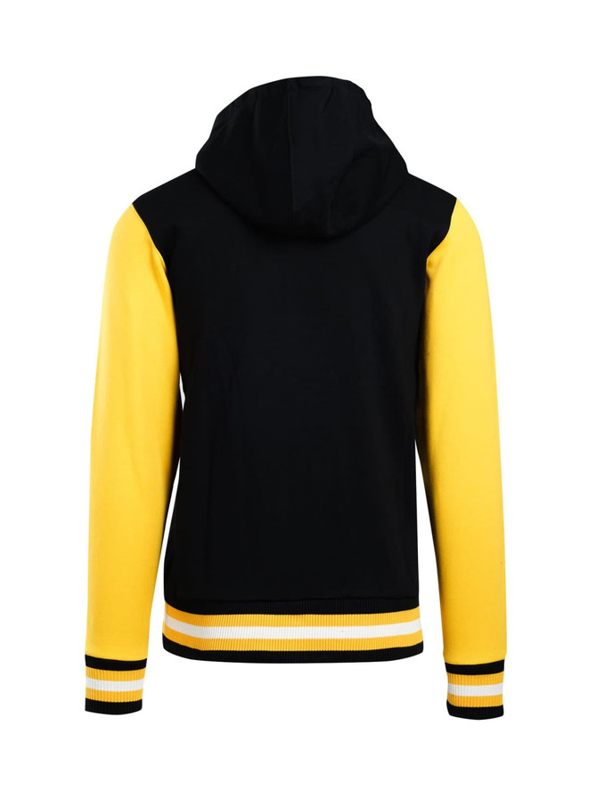 A men's varsity jacket in black and yellow, featuring a hood and striped cuffs, with a branding logo.
