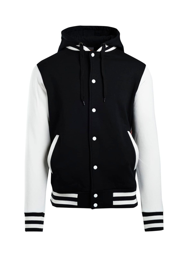 A black and white men's varsity jacket with a hood, featuring a front button closure and striped cuffs.