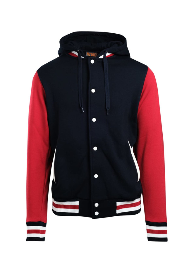 A men's varsity jacket in navy and red, featuring a hood, buttons, and contrasting stripes on the sleeves.