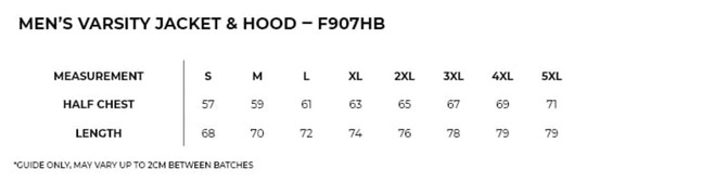 A size chart for a men's varsity jacket and hood, featuring measurements for various sizes including half chest and length.