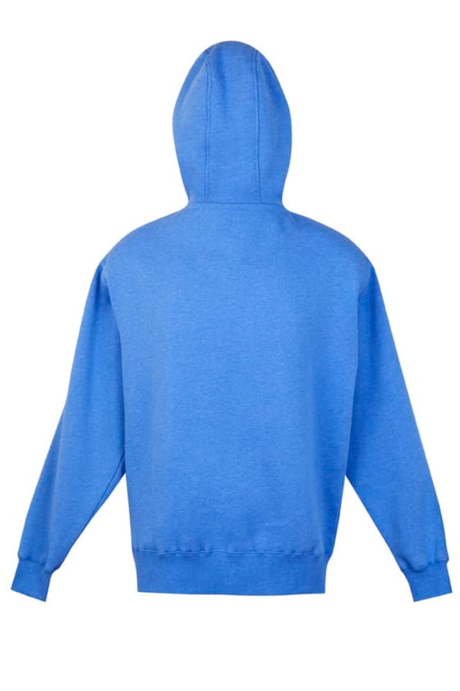 A blue men's brushed heavy zip fleece hoodie with a hood, featuring a logo. The back view is visible.