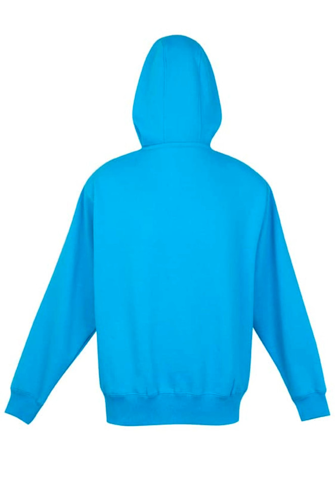 A bright blue men's brushed heavy zip fleece hoodie featuring a kangaroo pocket and a hood. It has a logo on the front.