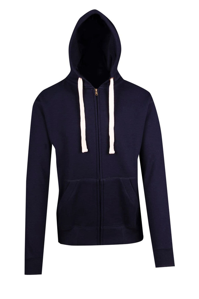 A navy blue brushed heavy zip fleece hoodie with a front zip, hood, and drawstrings. It has a logo on it.
