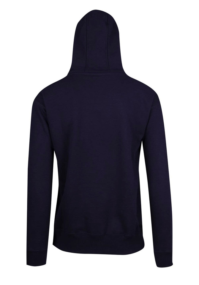 A navy blue men's brushed heavy zip fleece hoodie with a hood and ribbed cuffs. It has a logo on the back.