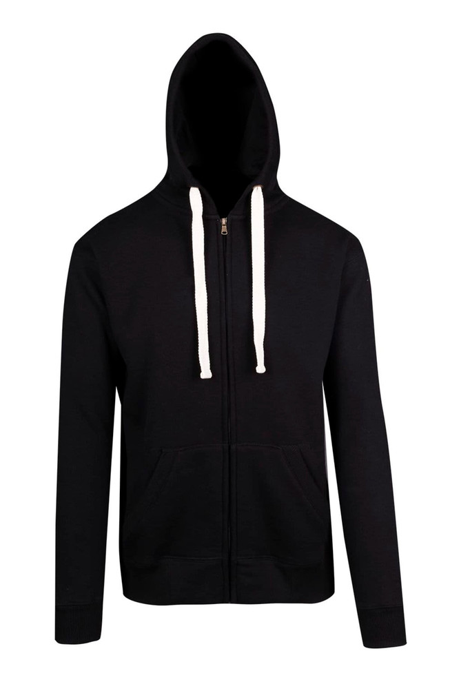 A black men's brushed heavy zip fleece hoodie with white drawstrings and a front pouch pocket.