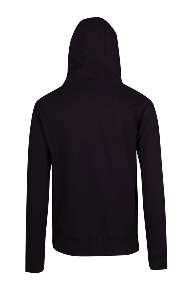 A black men's brushed heavy zip fleece hoodie with a hood and long sleeves, featuring a logo on the back.
