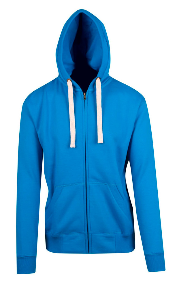 A blue zip fleece hoodie with a hood, featuring a front zipper and contrasting drawstring. It has a logo on the chest.