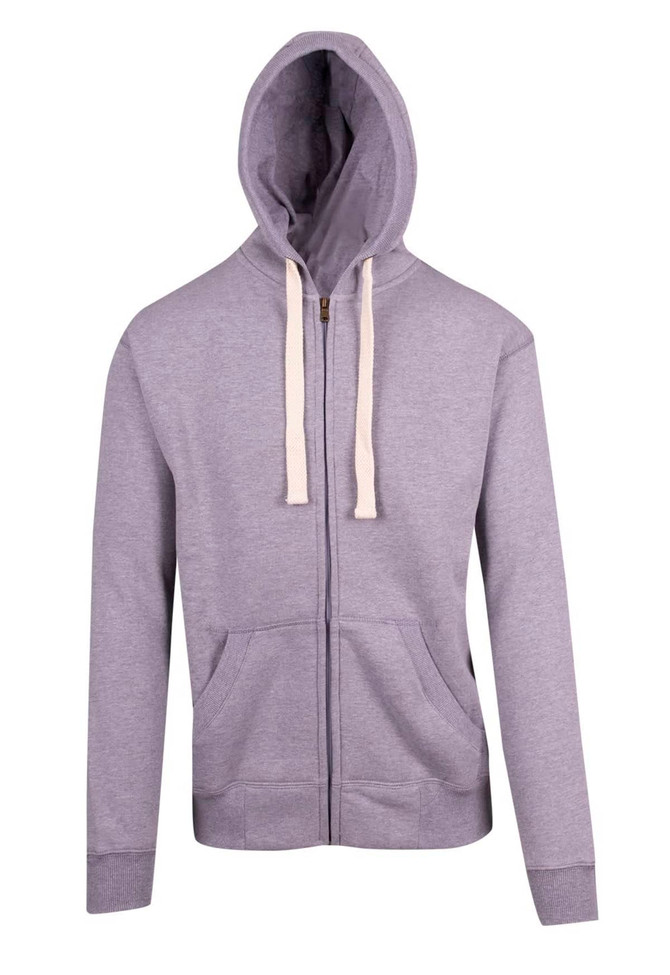 A grey zip fleece hoodie with a hood and drawstrings, featuring a front kangaroo pocket and a logo.