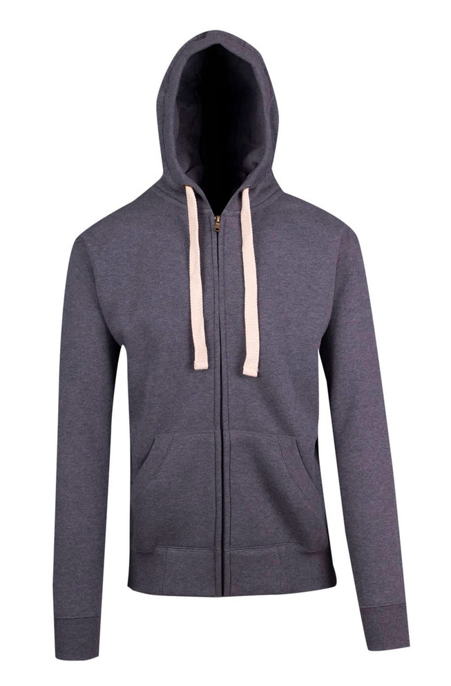 A grey men's brushed heavy zip fleece hoodie featuring a hood and cream-coloured drawstrings.