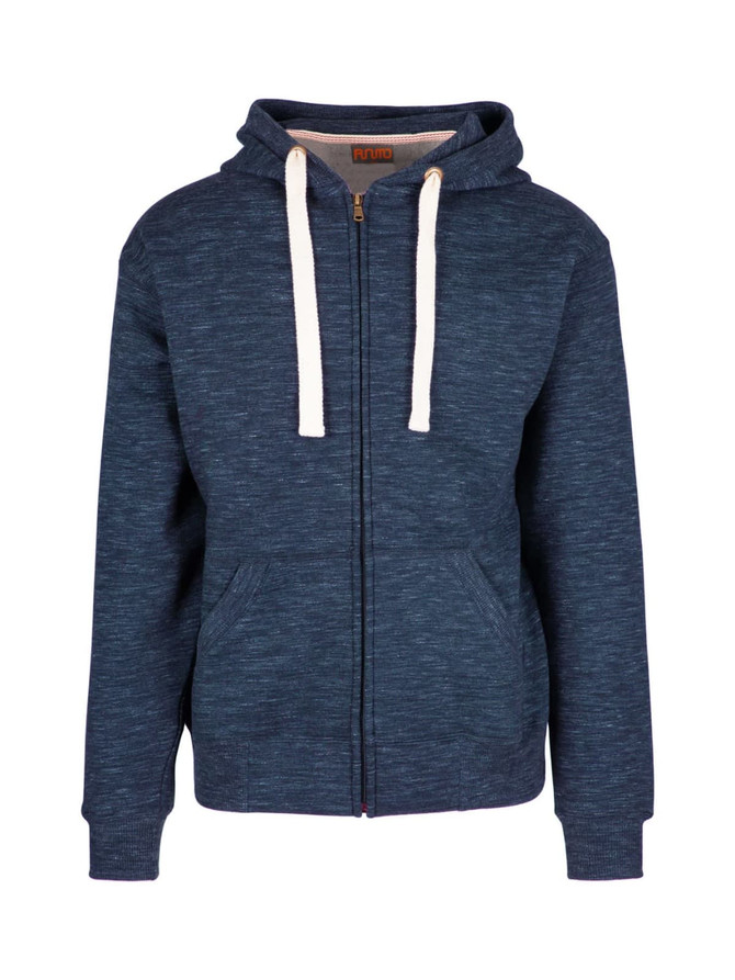 A navy blue men's brushed heavy zip fleece hoodie with a hood, front pockets, and contrasting drawstrings.